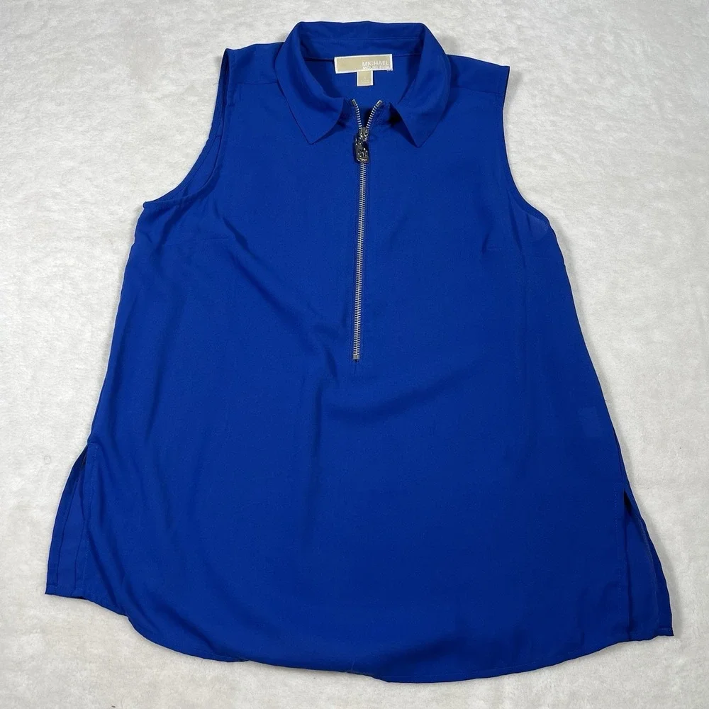 Michael Kors Women's Blue Tank Top Silver Zip‎ Small Sheer Flowy Fairy